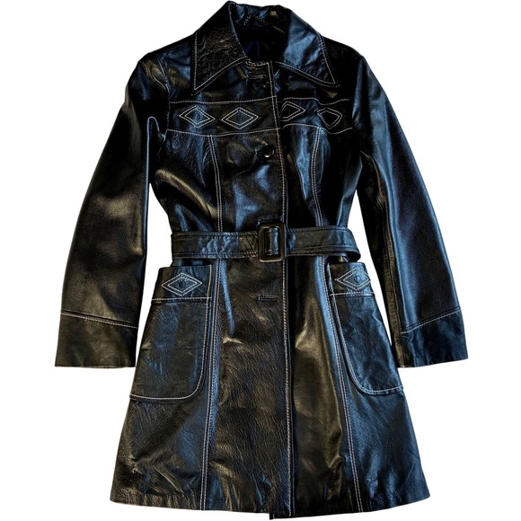 VTG 70s Suburban Internat'l Leather Coat Black Small Western Cowgirl Country - Picture 2 of 16